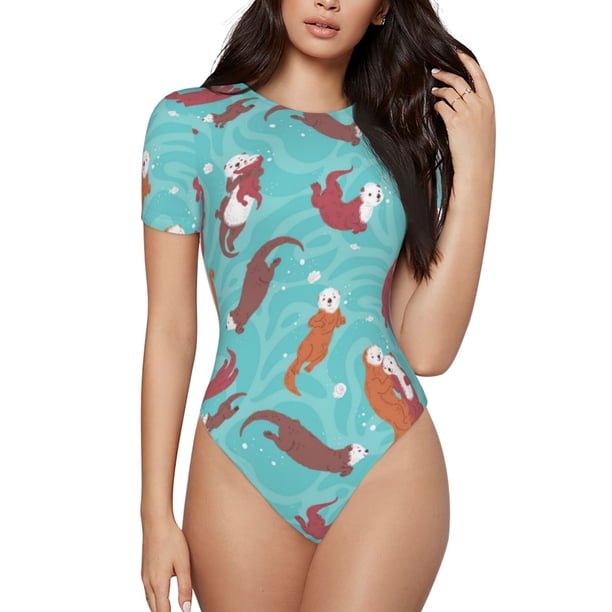 Balery Sea Otters Family In Blue Water Body de cuello redondo de manga corta para mujer Tops de manga corta Tops básicos-XX-Large