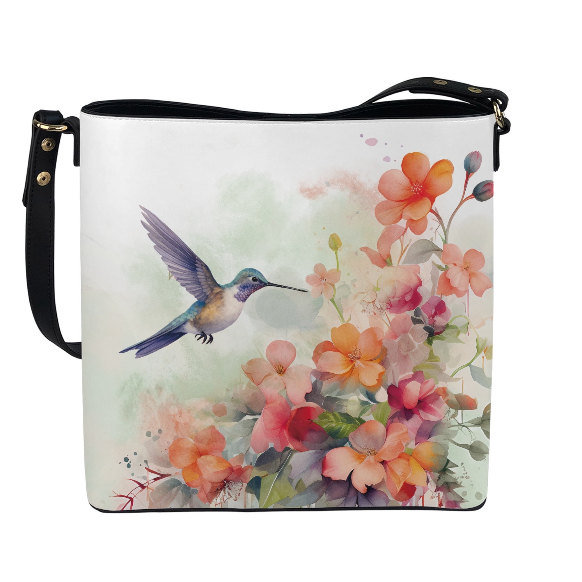 HELLHERO Messenger Bag for Shopping Travel Adjustable Strap Large Capacity Sling Handbag PU Fabric Crossbody Bag Hummingbird Floral Print