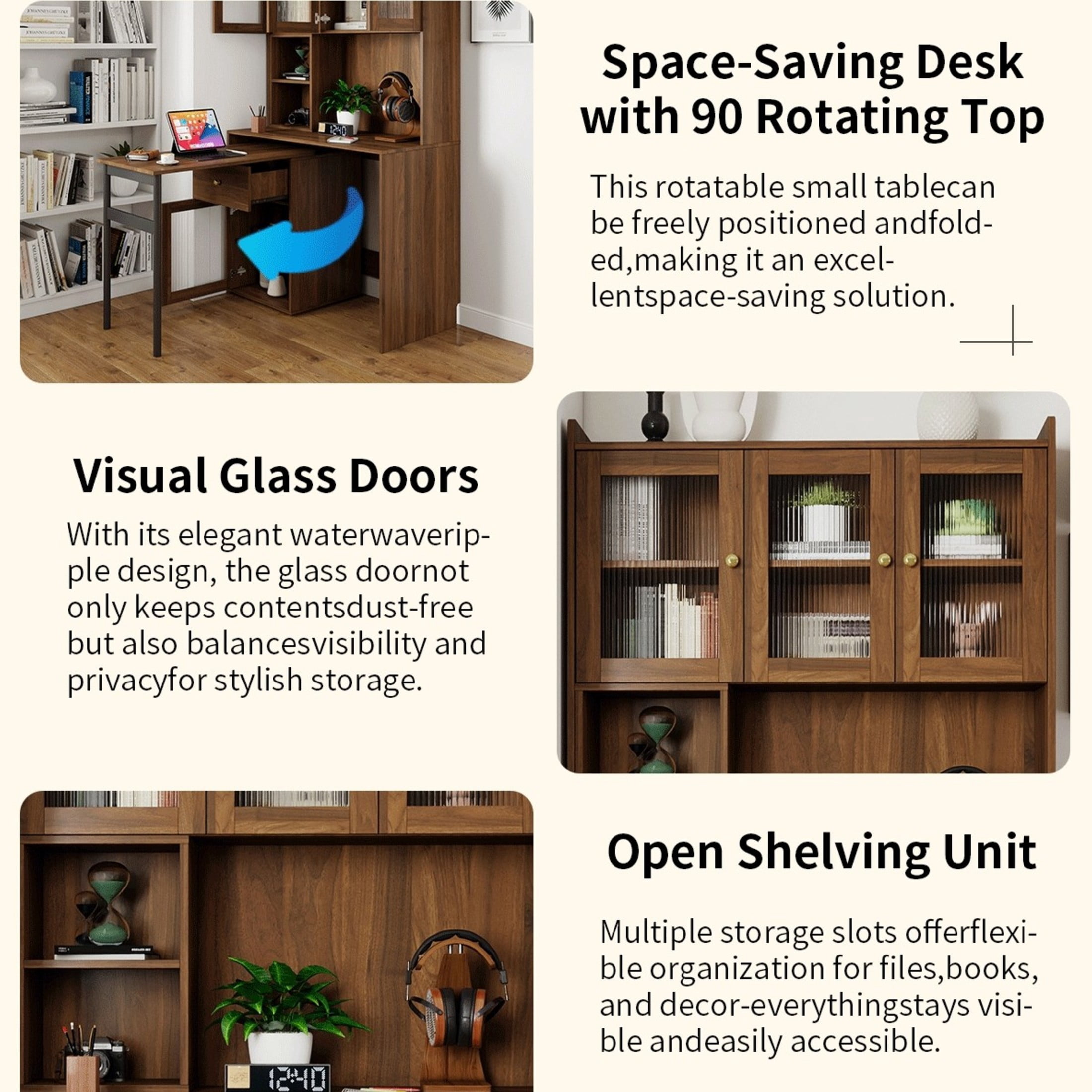 Noble House 70.87" Computer Desk with Hutch, Glass-Door Cabinets, 90° Rotating Desktop, Bookshelf & Drawer, Walnut
