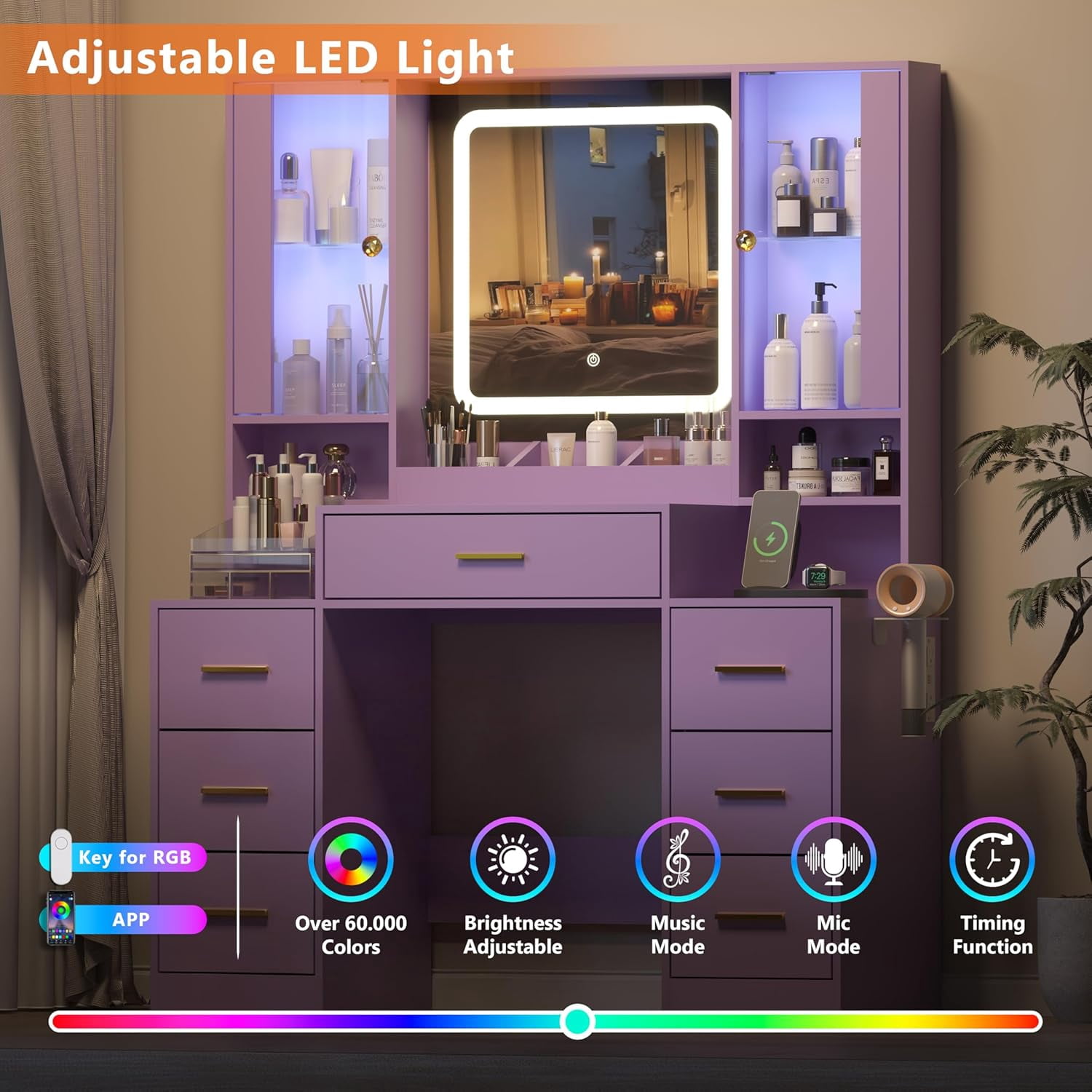 FANRAL Large Vanity Desk with LED Lighted Mirror & RGB Glass Cabinets,Built-in Charging Station & 7 Drawers,Modern Dressing Table for Bedroom Beauty Spaces,Purple Vanity