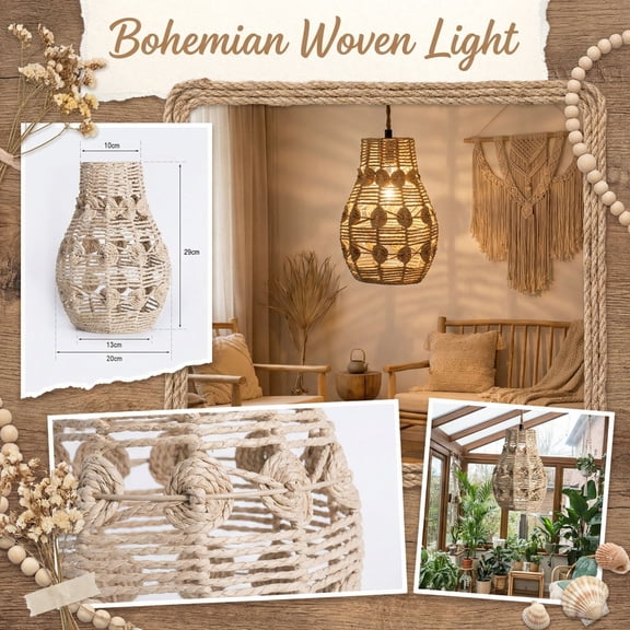 KUNPENG Hand-Woven Pendant Light Shade - Retro Style Wicker Lamp Cover, Boho Chandelier Replacement Shade, Natural Rattan Ceiling Light Decor for Living Room, Bedroom & Cafe
