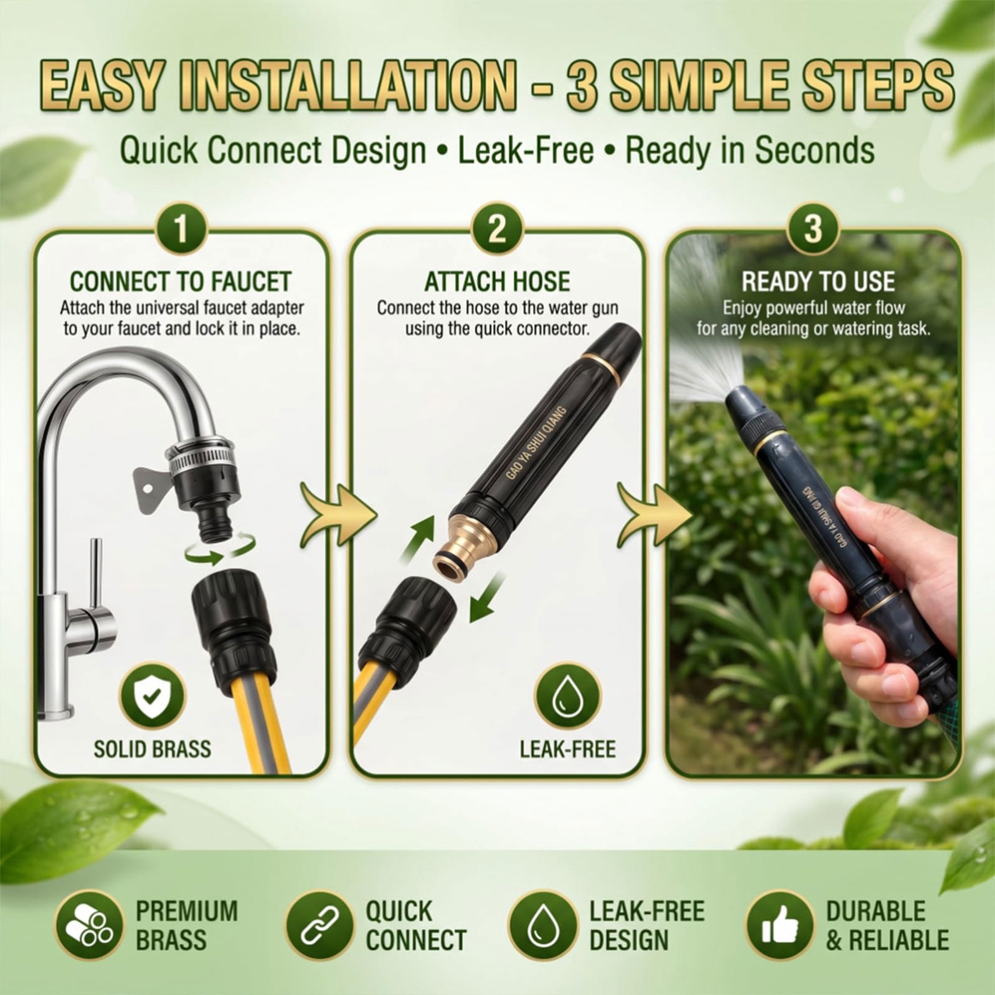 Gropething Power Washer Hose Nozzle for 1/2‘’ ID Hose Only, 3 Spray Modes Jet Spray Wand with Quick Connectors and Water Tape for Car, Patio, Window, Yard and Garden Cleaning