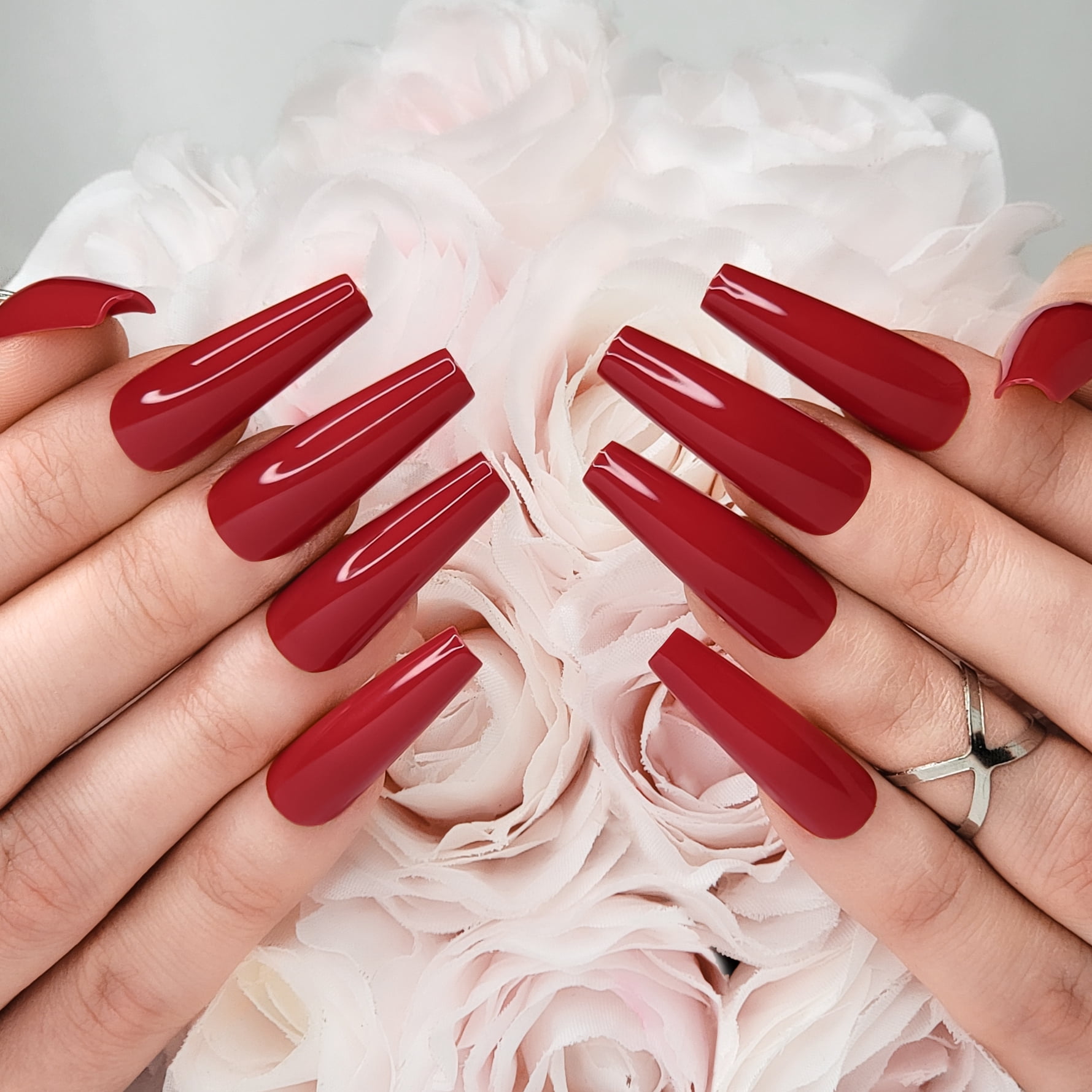 Hypnaughty 24 Pcs Passion Red Gloss Extra Long Press On Nails and Glue