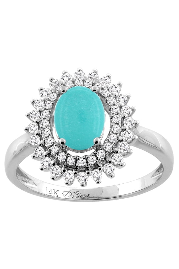14K White Gold Natural Turquoise Ring Oval 8x6 mm Double Halo Diamond Accents, size 9