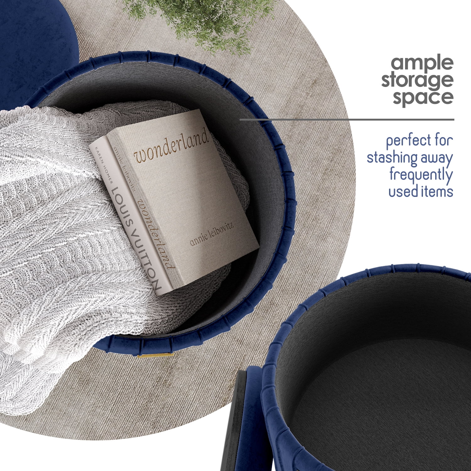 Hearth & Harbor Round Ottoman with Storage, Luxurious Foot Stool and Chic Vanity Stool with Storage, Elegant Pleated Velvet Blue