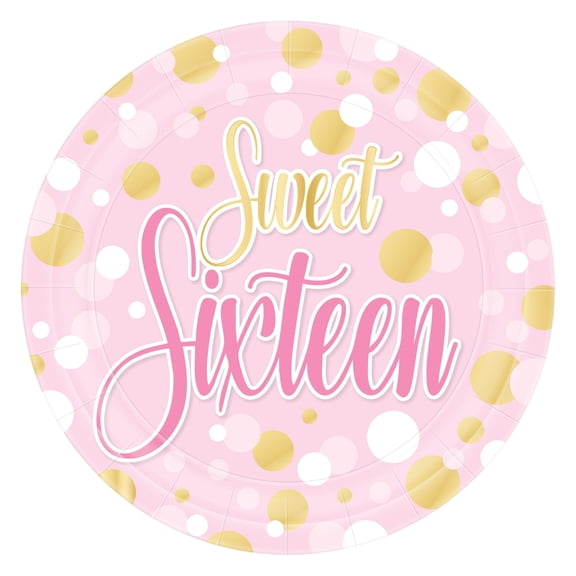 Pink and Gold Sweet 16 Plates, 7", Pack of 48
