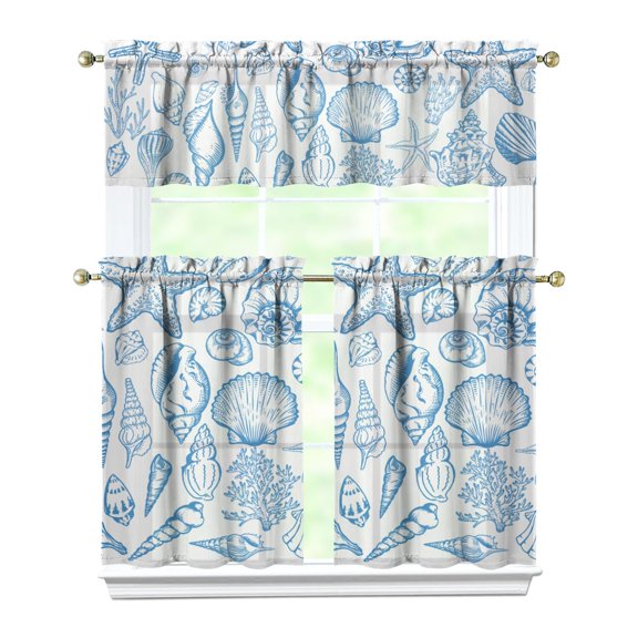3 PCS Kitchen Curtains Set with Valance - Starfish & Seashells Beach Theme, Semi-Sheer Ocean Inspired Tier Curtains for Farmhouse Windows