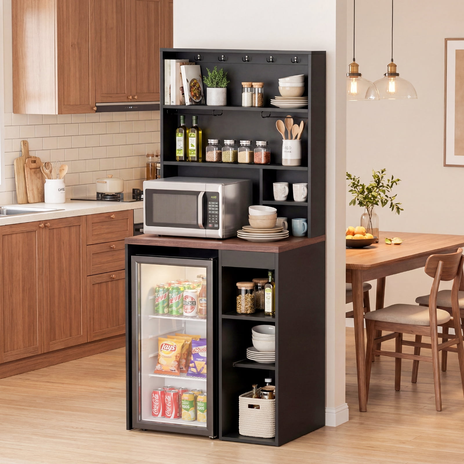 Advwin Coffee Bar Cabinet with Mini Fridge Space, 74" Tall Kitchen Storage Cabinet with Mug Hooks & Glass Holders, Mini Fridge Stand for Dorm, Kitchen, Office, Apartment, Home Bar, Black+Walnut
