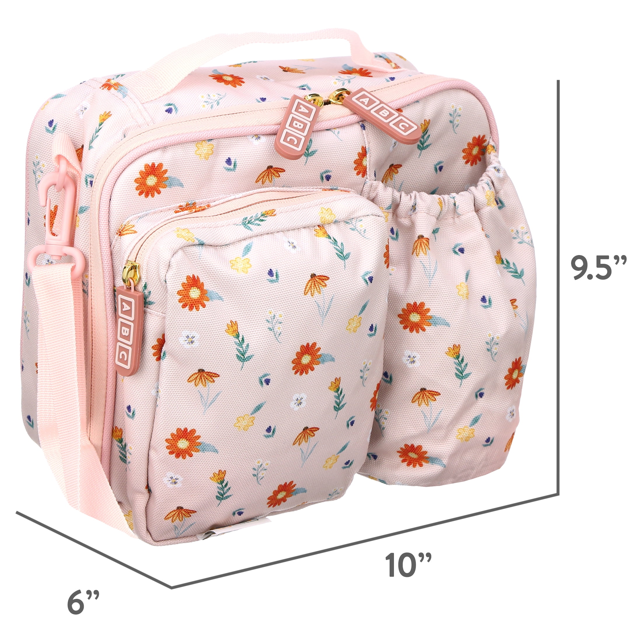 Austin Baby Co Lunch Bag – Reusable Lunch Bag with Pockets, Nameplate, and Adjustable Shoulder Strap – Insulated to Keep Foods Warm or Cold – Made with 100% Recycled Fabric (Wildflower Ripe Peach)