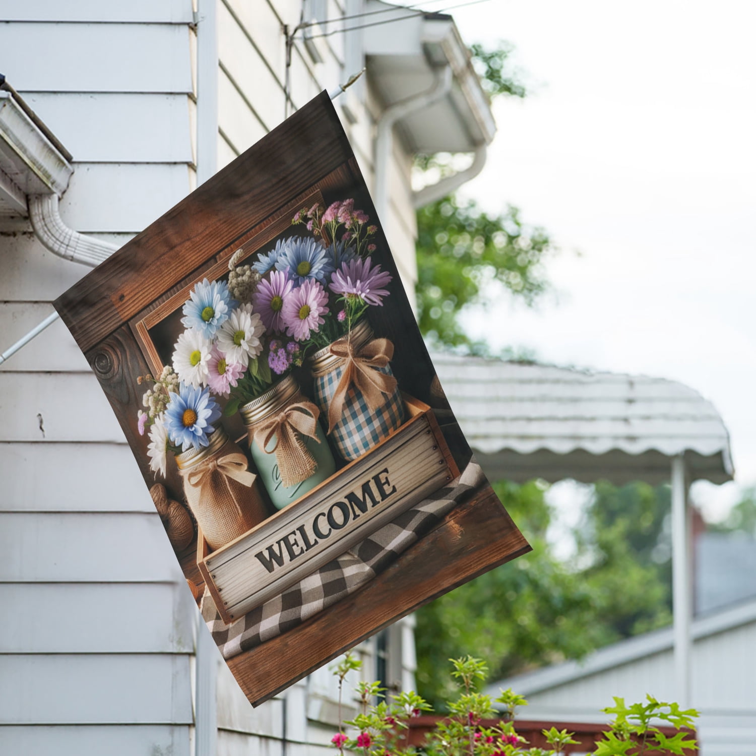 America Forever Welcome Spring Floral Mason Jar House Flag, 28x40 inch Double Sided, Daisy Flower Spring Yard Decoration, Seasonal Holiday Decorations for Outside