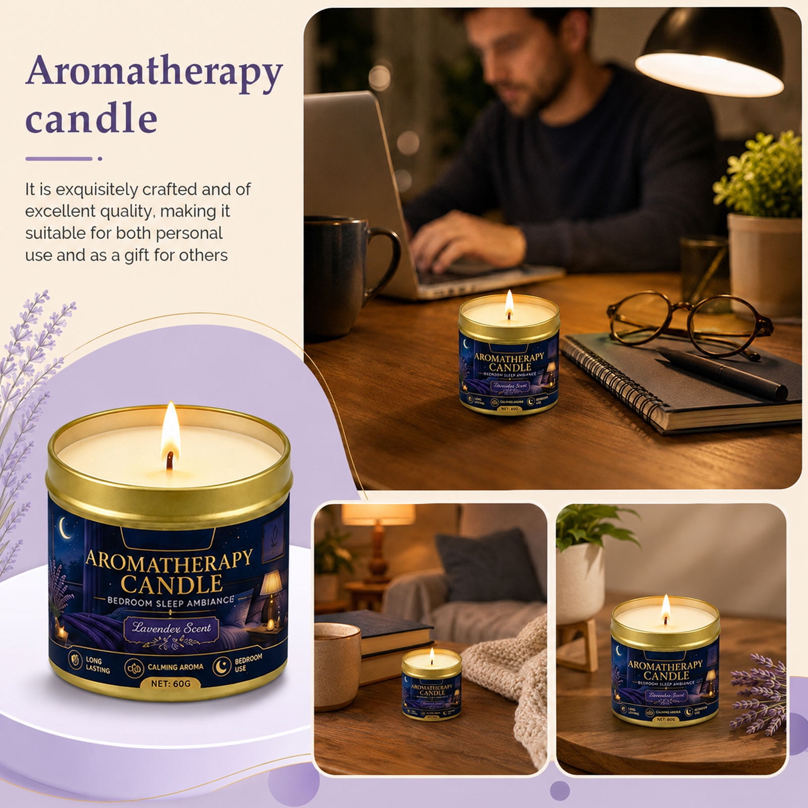 Lavender Candle Scented Candle Relaxation Candle Relaxation Relief Sleep Aid Soy Wax Candle 2.76 X 2.76 X 2.36 Inch Small Tin Candle for Bedroom Sleep Gift