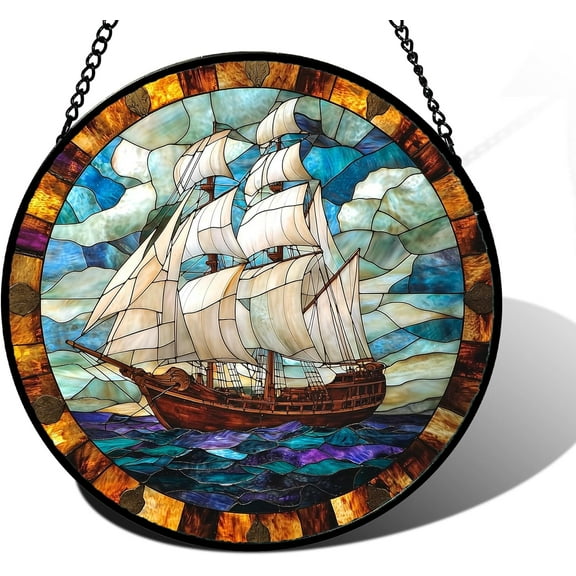 Stained Glass Window Hanging, Sailing Ocean Sun Catchers Glass Panel Navigation Suncatcher Decor for Birthday for Women, Men, Wife, Aunt, and Mom