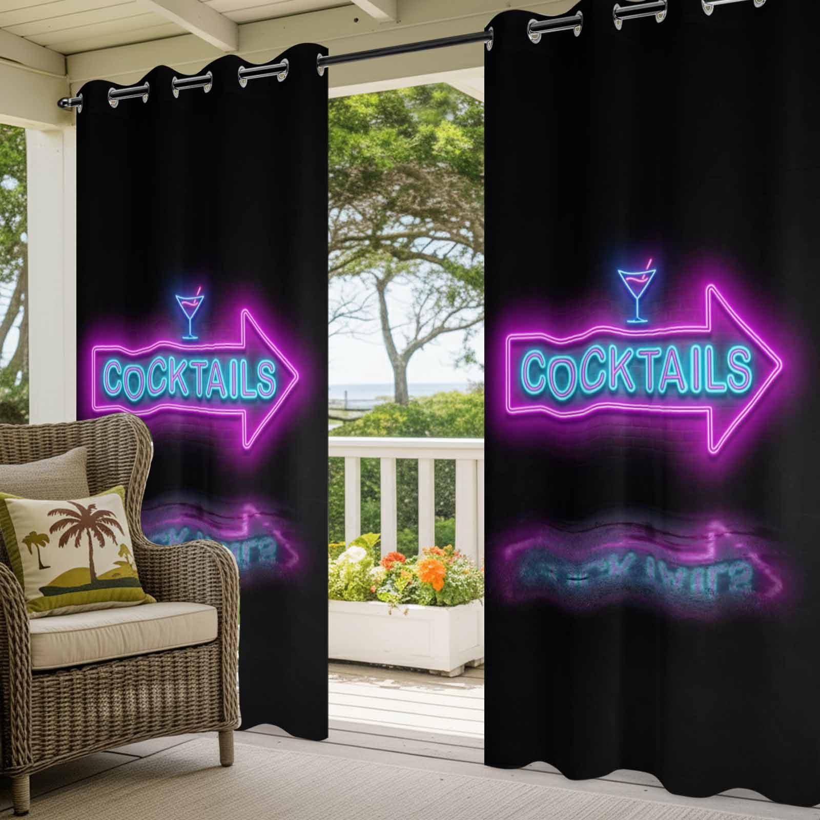 Cocktails Neon Arrow Outdoor Curtains for Patio, Modern Bar Style Blue Purple Cocktails Sign Sunshade Privacy Drapes Grommet Waterproof Outside Curtains for Porch/Cabana/Balcony 54"x 108", 1 Panel