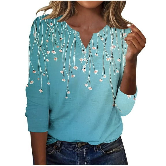 LiMoi Women's Elegant Flower Print Blouse 3/4 Sleeve V Neck Chic Tops Tees Tshirts Casual Style My Order My Items
