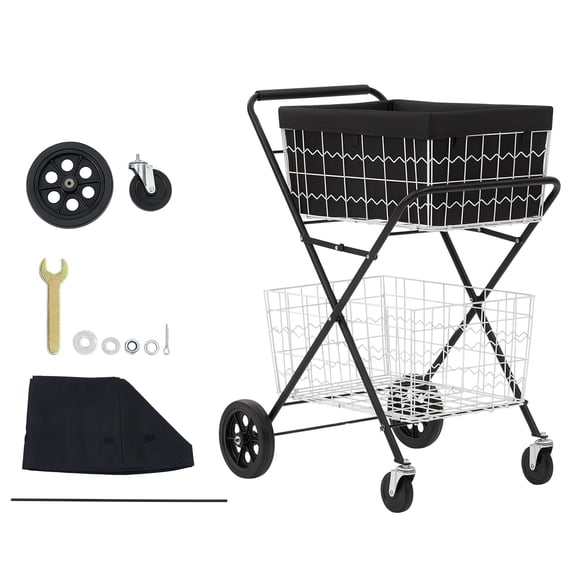 KFFKFF Foldable 2-Tier Shopping Cart with Wheels, 88lbs Capacity, Utility Cart with Detachable Storage Baskets and 360° Swivel Wheels for Groceries, Warehouse, and Supermarket Use