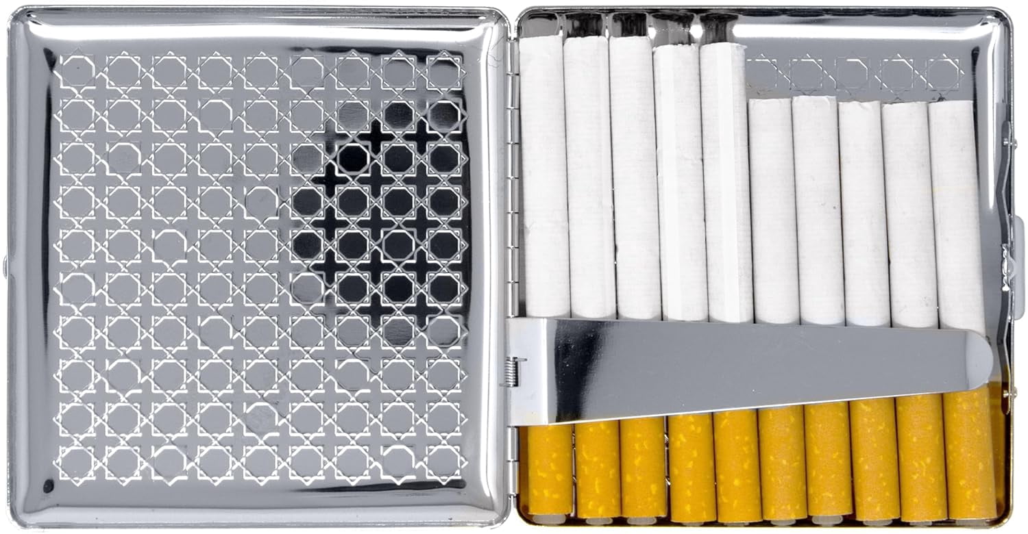 Set of 2 Compact Metal-Plated King Size Cigarette Case & Stash Box (Silver Octagon)