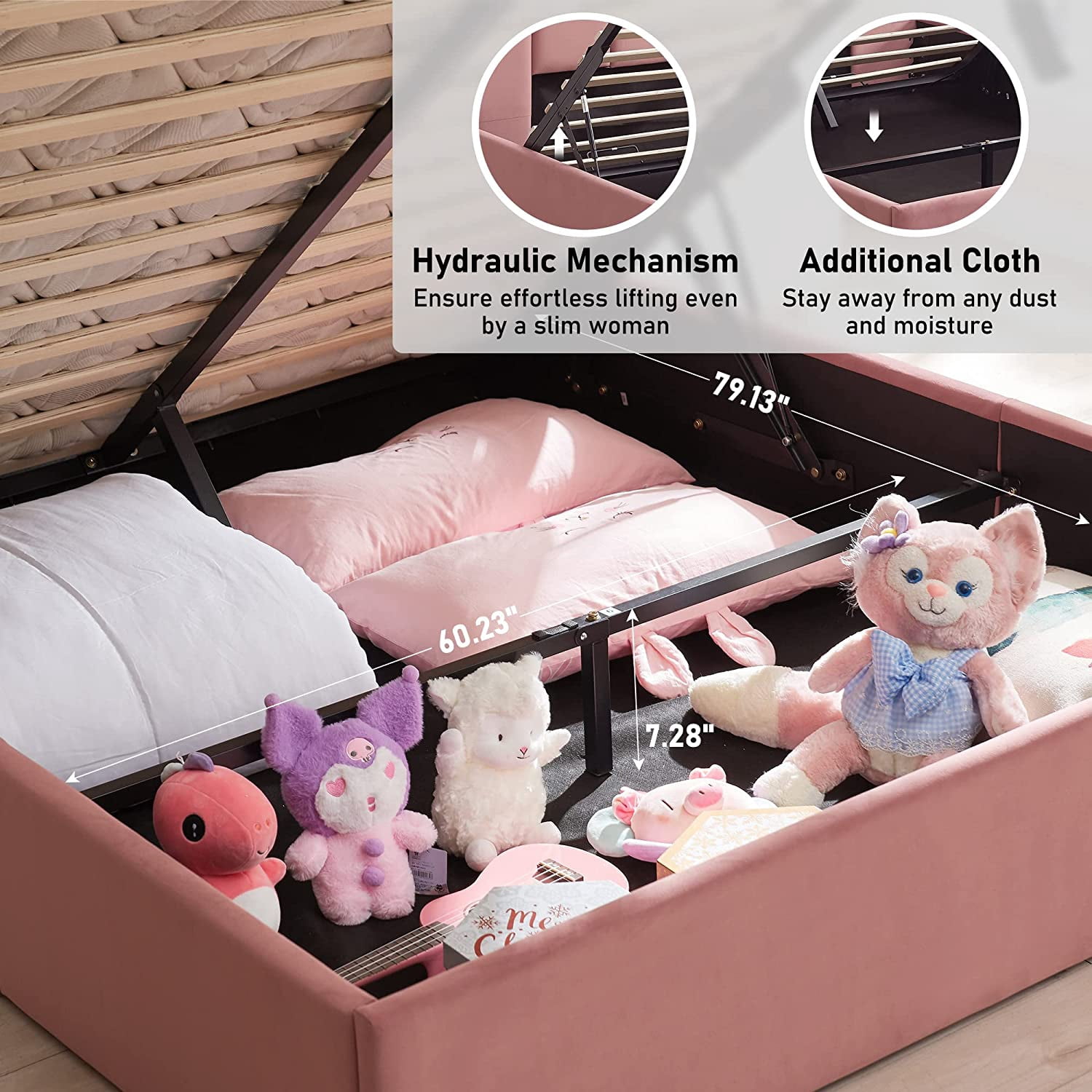 Zanmintaobo Full Bed Frame with Storage & Headboard, Upholstered Platform Bed with Hydraulic Storage System, No Box Spring Needed, with Wood Slats Support, Easy Assembly, Full Size, Pink