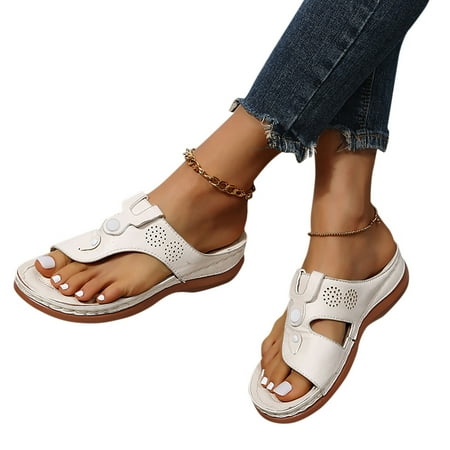 

TOYFUNNY Womens Boho Round Toe Cutout Wedge Flip-Flops Sandals