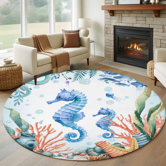 Seahorse Coastal Round Area Rug 8Ft Washable Large Circle Rugs for Living Room Dorm, Summer Nautical Starfish Coral Ocean Non-Slip Carpet Floor Mats Indoor Outdoor Carpet Runner Aesthetic Home Decor