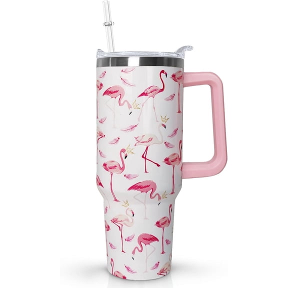 Flamingo 40 oz Tumbler, Pink Flamingo Insulated Travel Mug with Lid Straw Handle, 40oz Cup Gift for Women