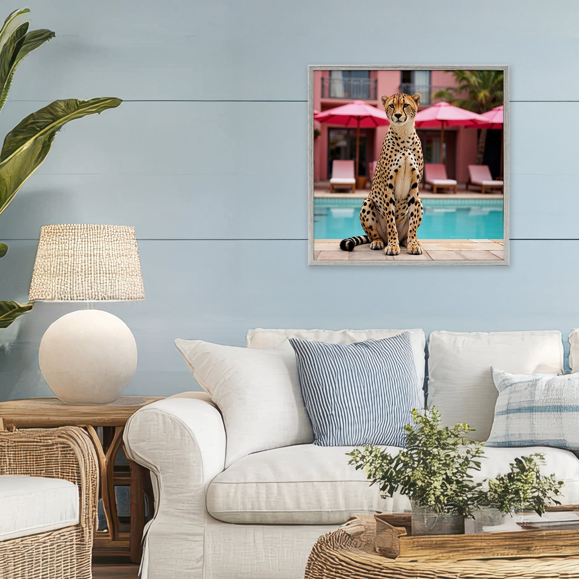 Cheetah Posed at Poolside Gray Framed Giclee Art, design by Lettered and Lined