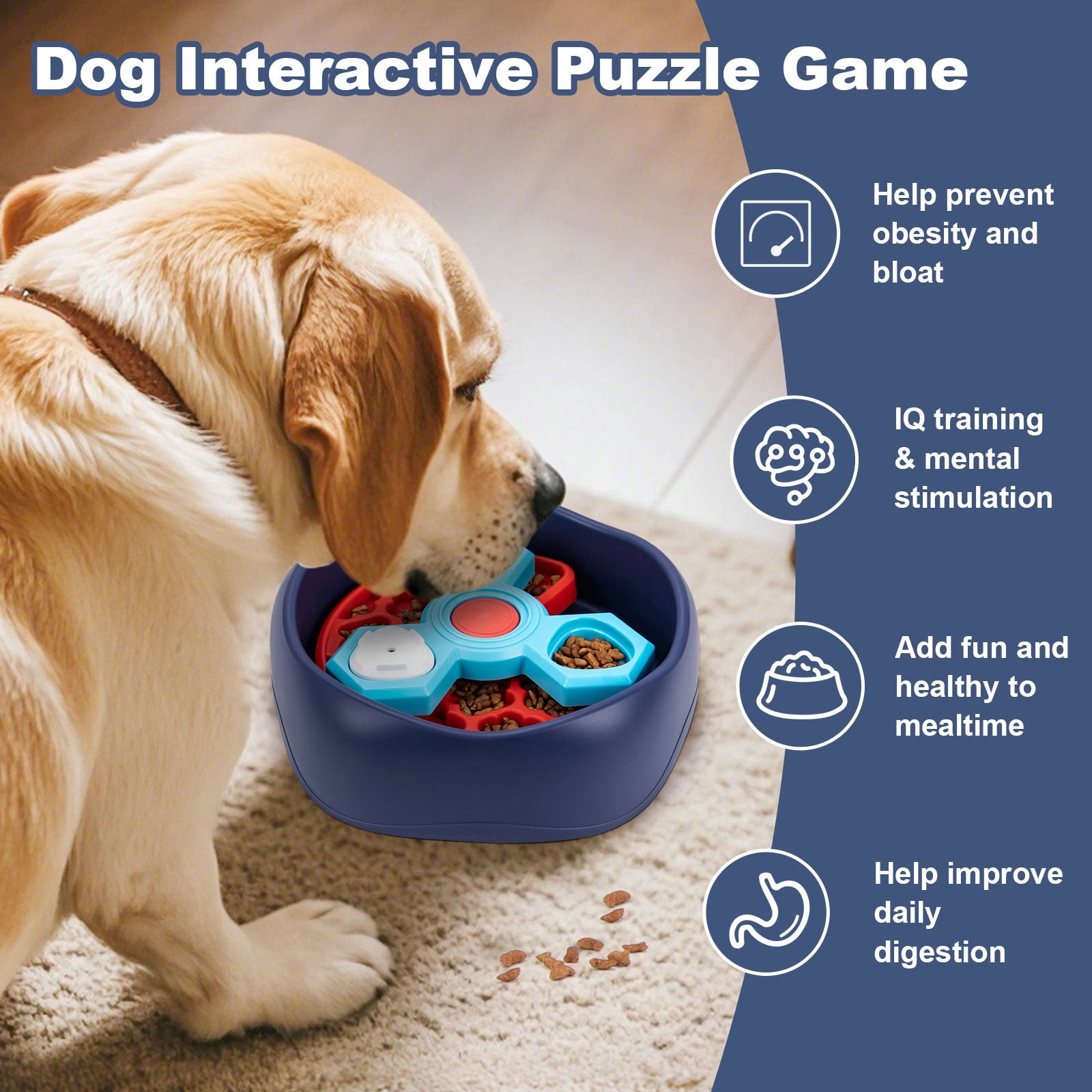 Large Capacity Slow Feed Dog Bowl With 3 Compartment Revolving Sections To Control Eating Speed
