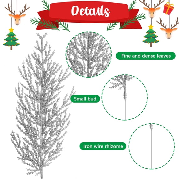 Artificial Pine Branches Christmas Greenery 2025, Faux Evergreen Needle Stems in Silver, Realistic Plant Sprays for Home Vase Arrangements Holiday Decor Silver