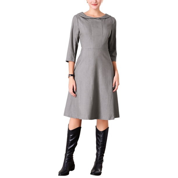 Vestido de Cuello Peter Pan para Mujeres Hobemty, Manga 3/4, A Line, Elegante, Ropa de Trabajo, M Gris