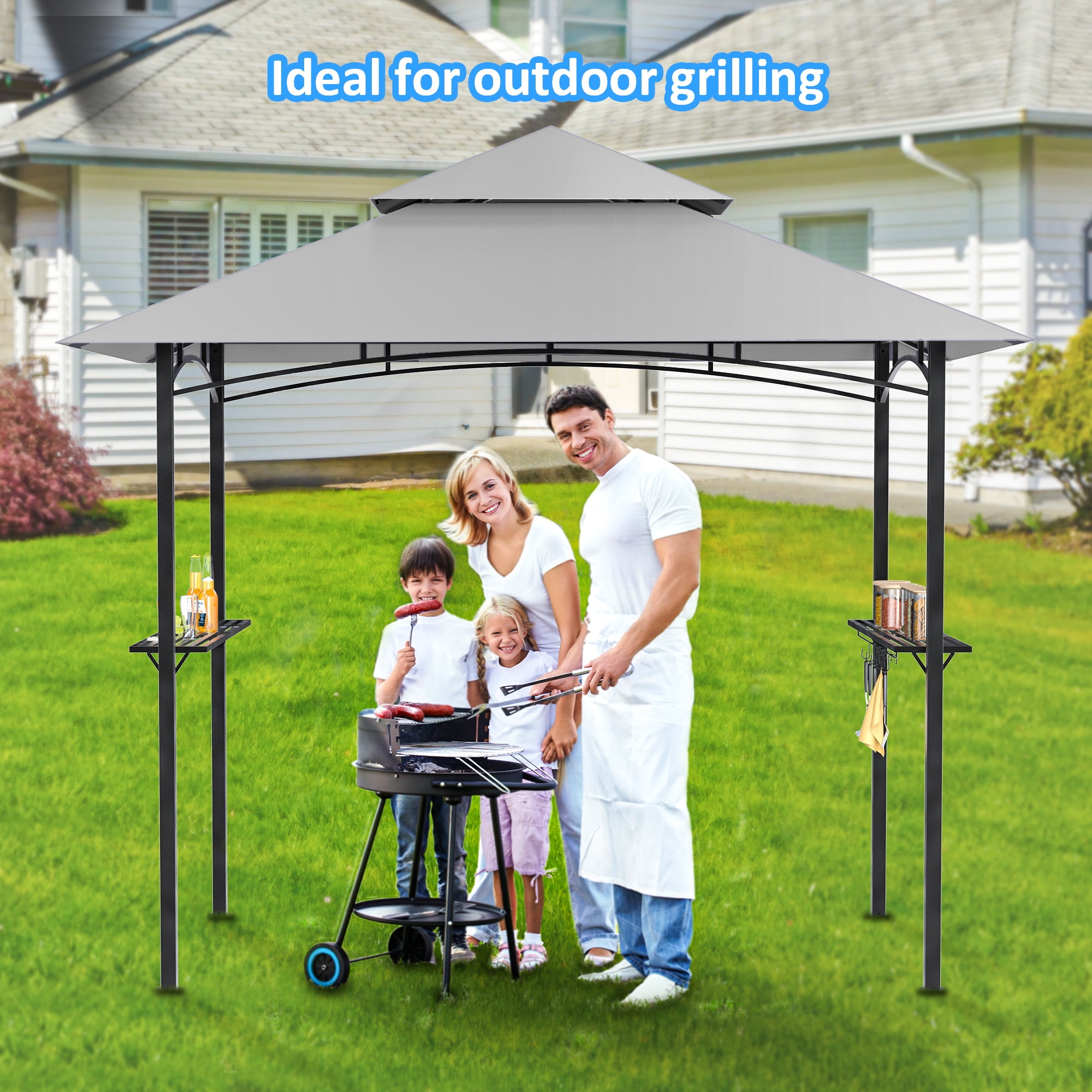 GVDV 8'x 5' Grill Gazebo Canopy, Outdoor BBQ Gazebo Shelter with 2 Side Shelves & Double-Tiered Top