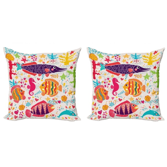 Ambesonne Cartoon Throw Pillow Cover 2 Pack, Underwater Fish, 16", Multicolor