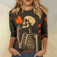 thumbnail image 2 of Meichang Women Halloween Tops 3/4 Sleeve Skeleton Graphic T Shirt Crew Neck Loose Party Tops Halloween Spooky Print Tees, 2 of 6