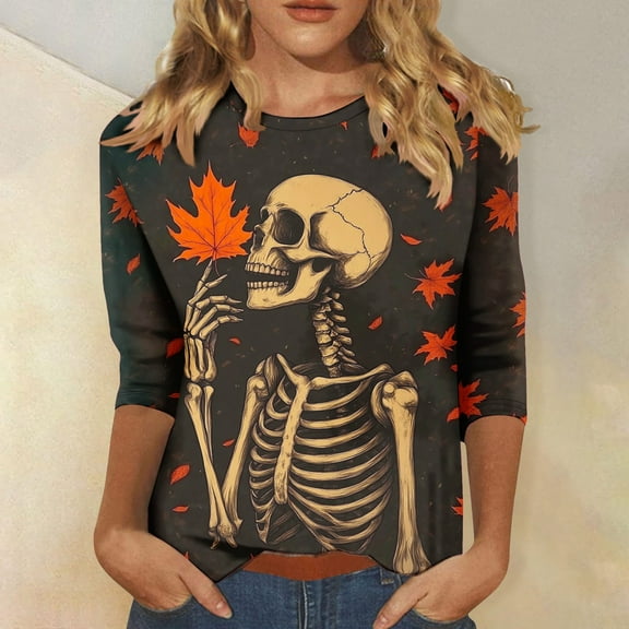 Fznquz Halloween Blouses for Women Trendy 3/4 Sleeve Tee V Neck 2025 Casual Plus Size Womens Clothing,L