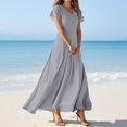 thumbnail image 2 of TQWQT Women's Plus Size Dresses Gray Spring Dress Short Sleeve Casual Long Dress Boho V-neck Church Dresses Summer Tiered Dress Gray M, 2 of 5