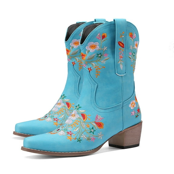 Juosiy Cowboy Boots for Women Fashion Embroidery Pointed Toe Low Heel Casual Mid Calf Booties
