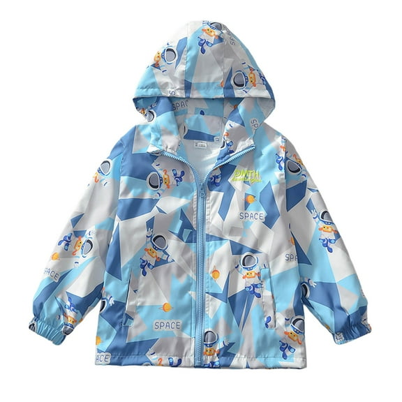Kiijoy Windbreaker for Boys Cartoon Astronaut Print Jacket Zip Up Hooded Coat, Sizes 3-4