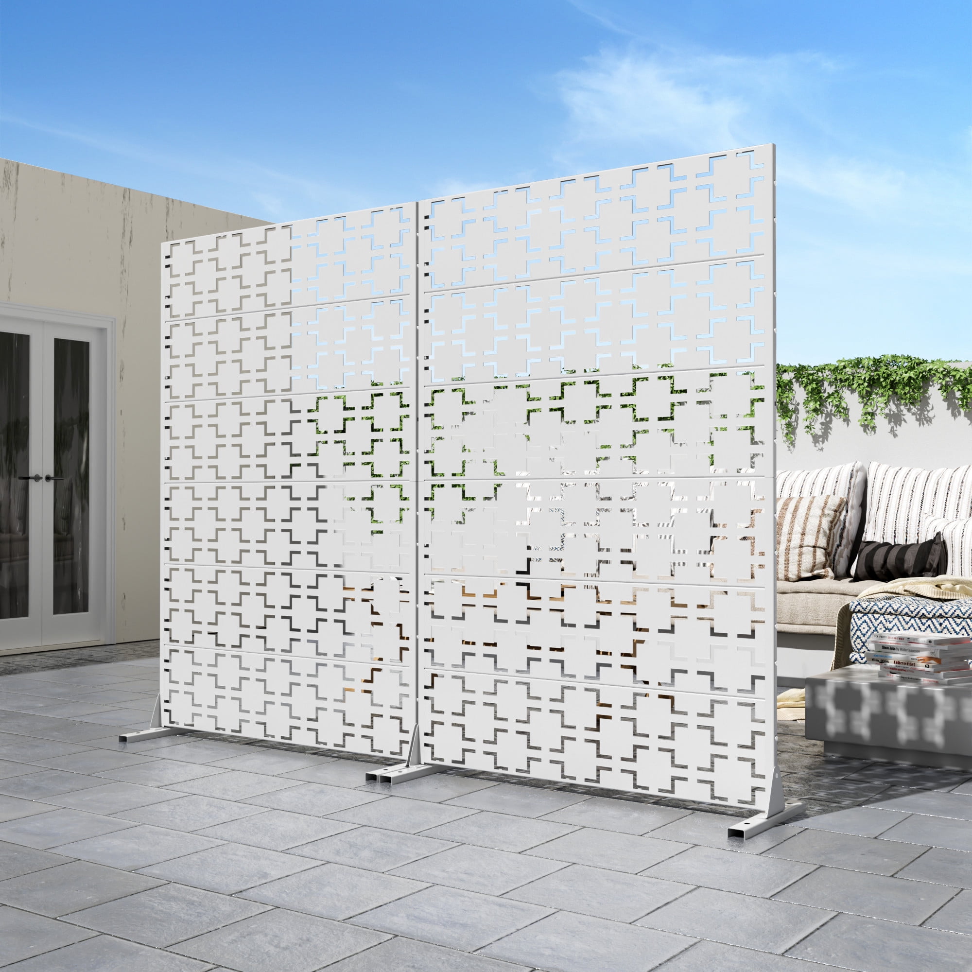 MAYEERTY 72*47" Outdoor White Metal Freestanding Privacy Panel Screen for Patio, Meander Geometric Pattern