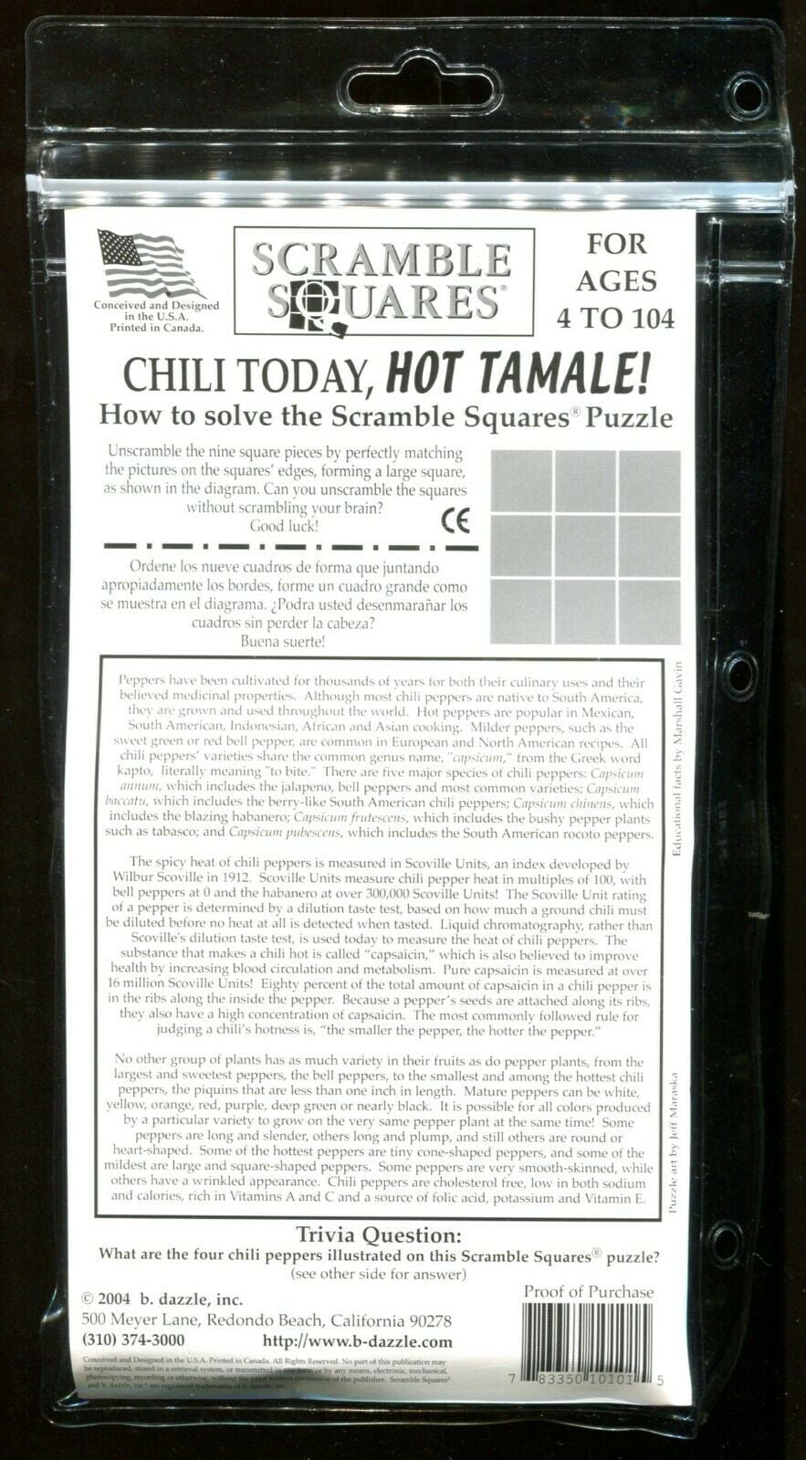 B Dazzle Chili Today Hot Tamale Scramble Squares 9 Piece Puzzle 