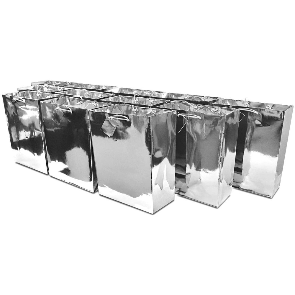 Small Metallic Silver Paper Gift Bags with Metallic Handles, Party