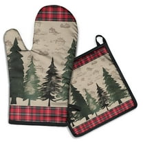 Red and Green Christmas Pattern Kitchen Oven Mitt and Pot Holder Sets 2 Pcs for Baking, Cooking and Grilling, Heat Resistant Up To 392 °F
