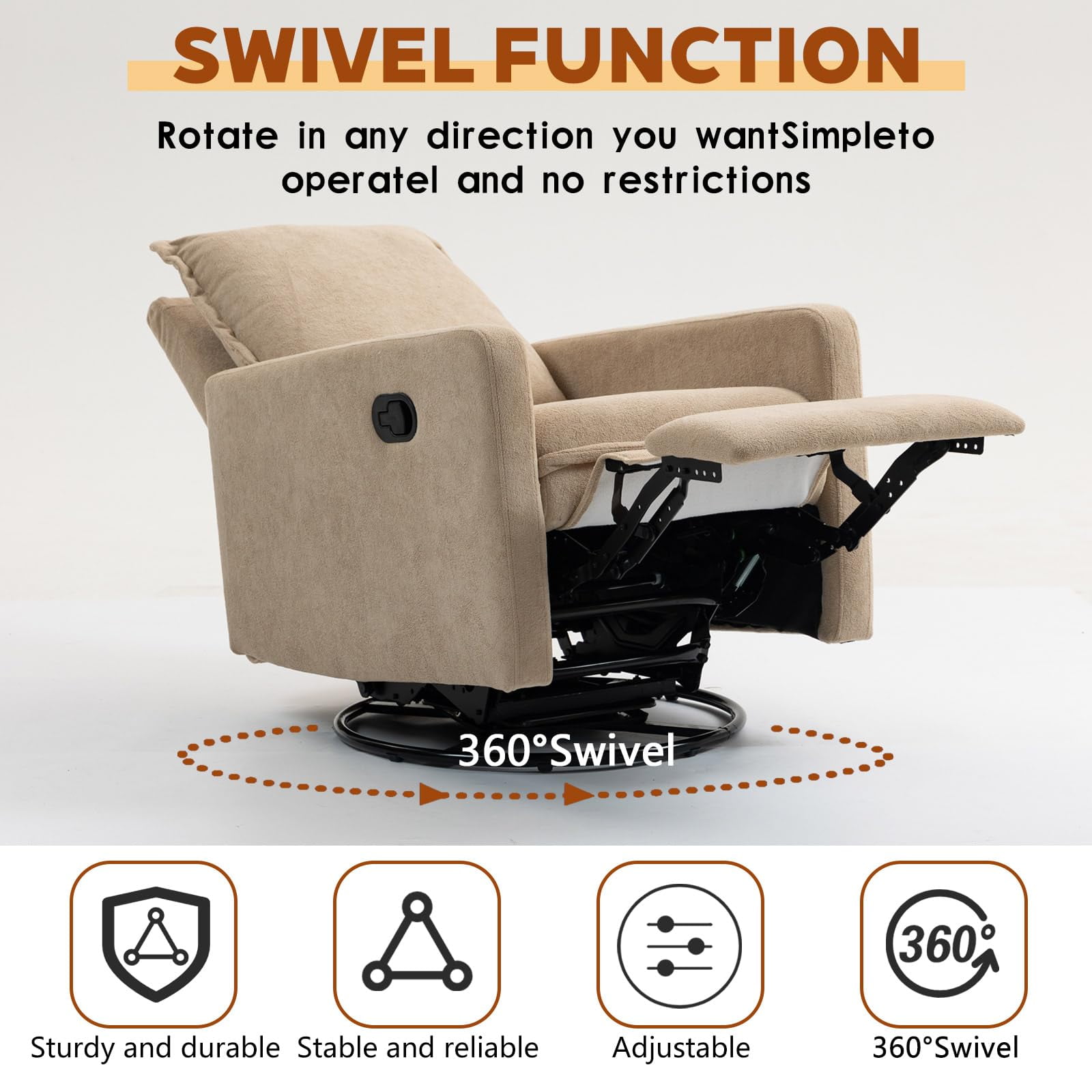 Lovableguy Modern Swivel Recliner Chair,Velvet Manual Button Nursery Glider Reclining Chair with Footrest,Comfy Upholstered Rocking Chair Living Room,Bedroom,Camel