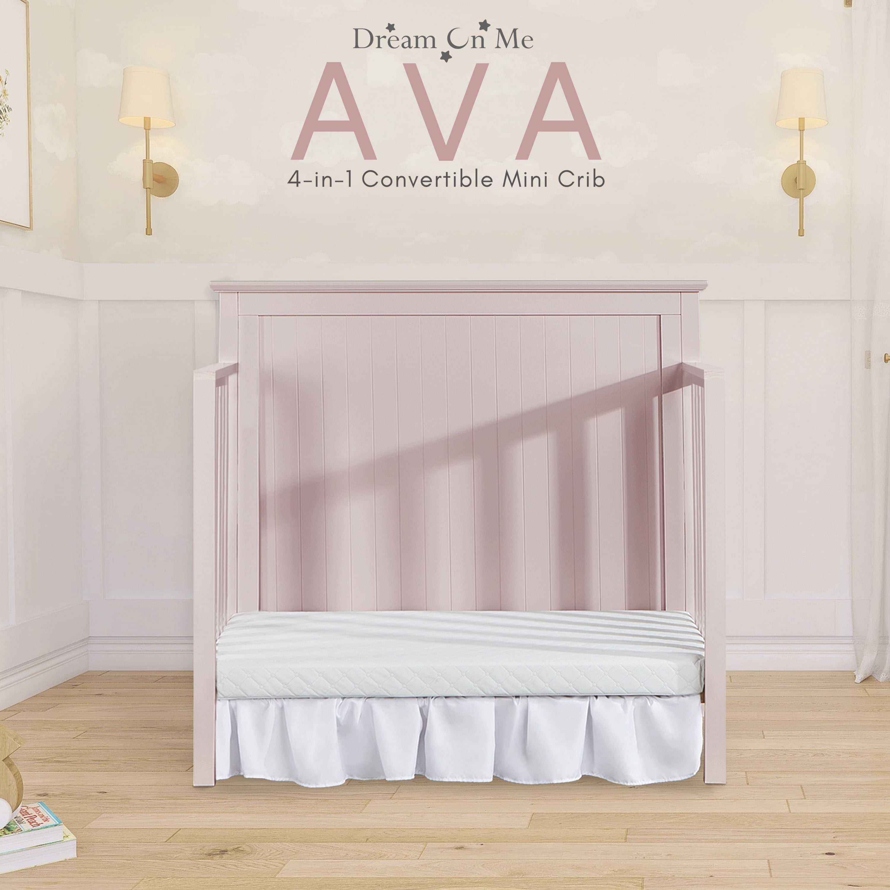 Dream On Me Ava 4-in-1 Convertible Mini Crib, Blush Pink