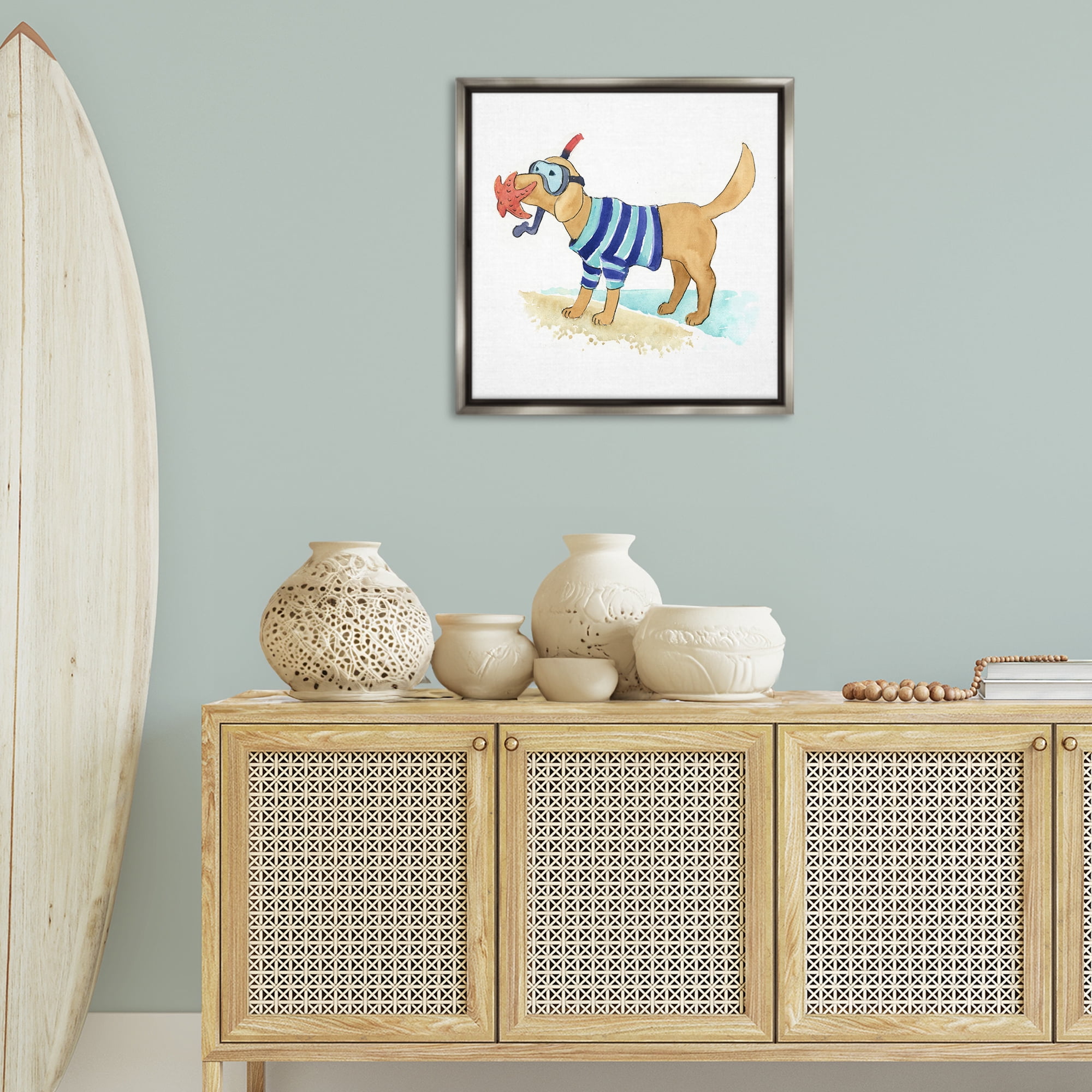 Stupell Industries Sandy Dog with Snorkel Animals Painting Gray Floater Framed Canvas Art Print Wall Art, 25 x 25