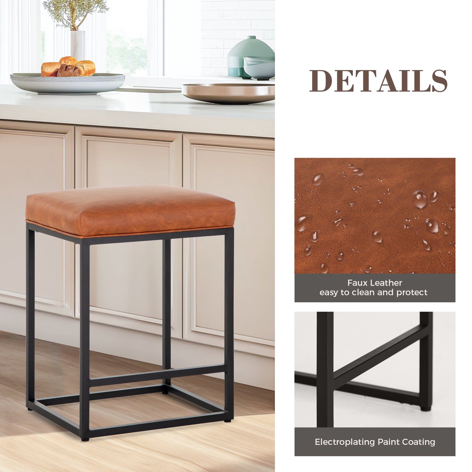 SUMMIT LIVING 24" Counter Height Bar Stool Set of 3, Upholstered Faux Leather Backless Counter Stool for Kitchen Island, Brown