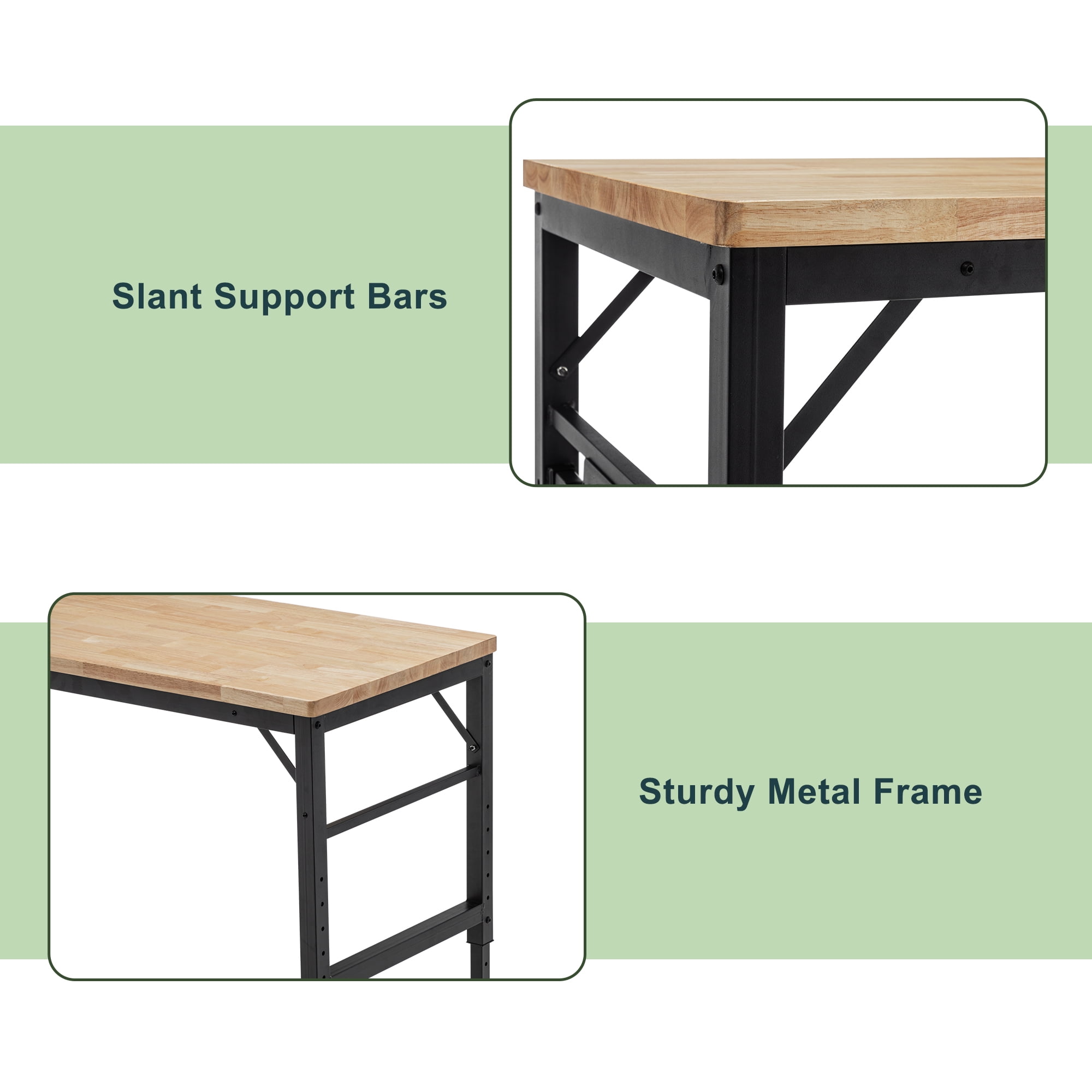 Adjustable Height Workbench, 60" Rubber Wood Top Heavy Duty Workstation with Power Outlets, 2000 LBS Load Capacity Hardwood Worktable for Workshop, Garage, Office, Home, Commercial