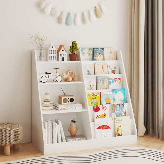 4-Tier Kids Bookshelf and Toy Storage Organizer, MDF Multifunctional Wooden Bookcase Display Stand, Freestanding Storage Shelf for Toddlers Kids Bedroom Playroom Nursery