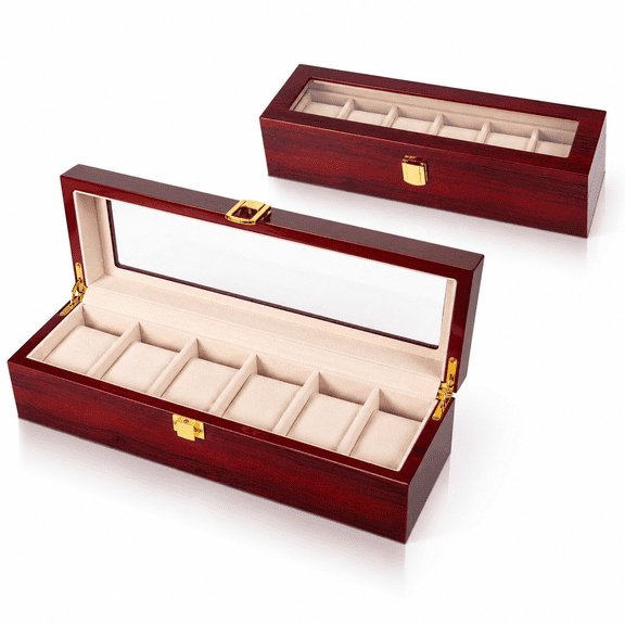 Watch Box Case Organizer Display for Men,6 Slot Wood Watch Box with Glass Top