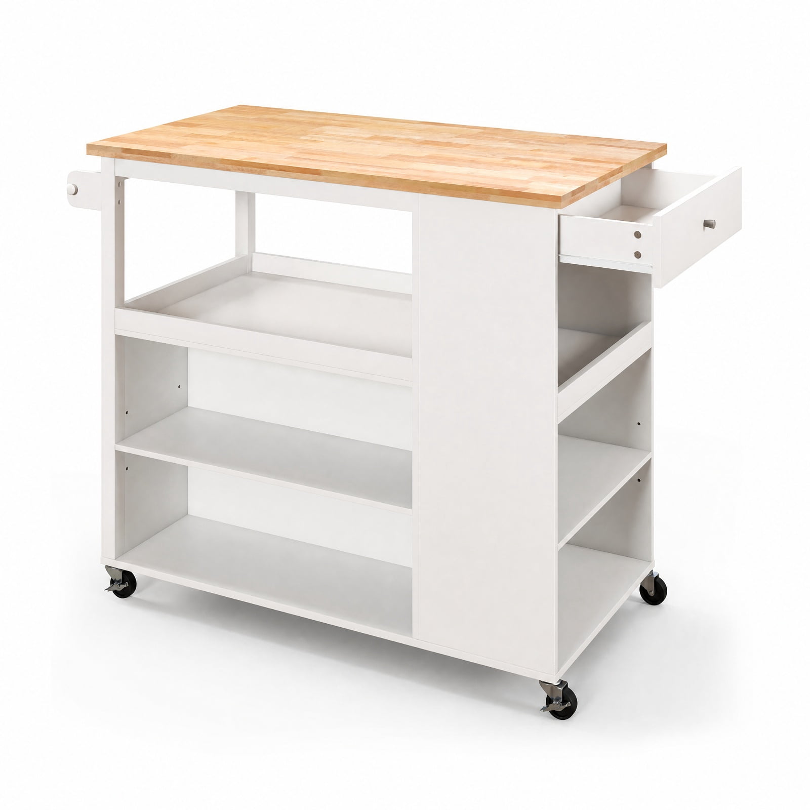Furnibear Kitchen Island Trolley Cart on Wheels with Rubber Wood Countertop Open Shelves Spice Rack and Storage Drawer for Dining Rooms, White