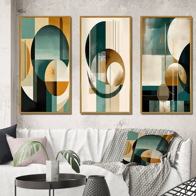 Designart "Retro Gold and Teal Full Moon Grace I" Modern Geometric Framed Wall Art Set Of 3 - Gold Abstract Frame Gallery Set For Office Decor