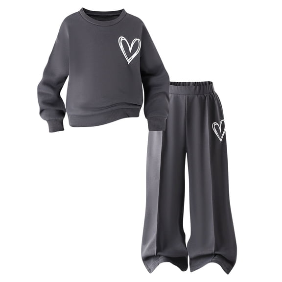 xaoyunyn Girl's 2 Piece Sweatsuit Outfit Casual Long Sleeve Top Wide Leg Pant Set with Heart Printed 2-7 Years