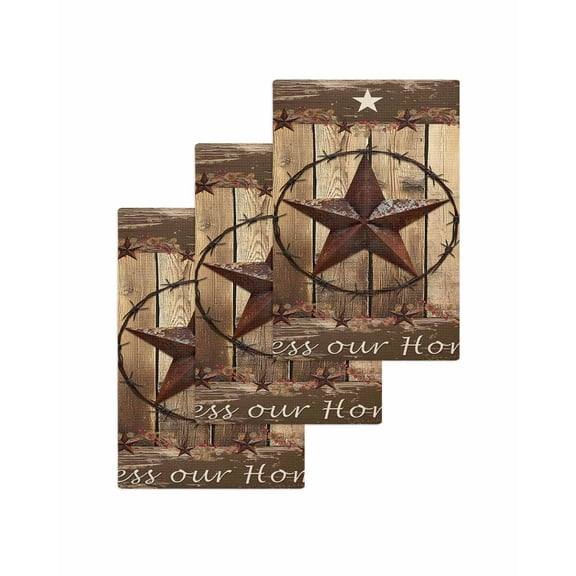 Rustic Country Kitchen Dish Towels for Drying Dishes Set of 3, Western Stars Brown Texture Wooden Print Waffle Weave Microfiber Terry Hand Tea Bathroom Towels Quick Dry & Absorbent Towel 15.7x23.6